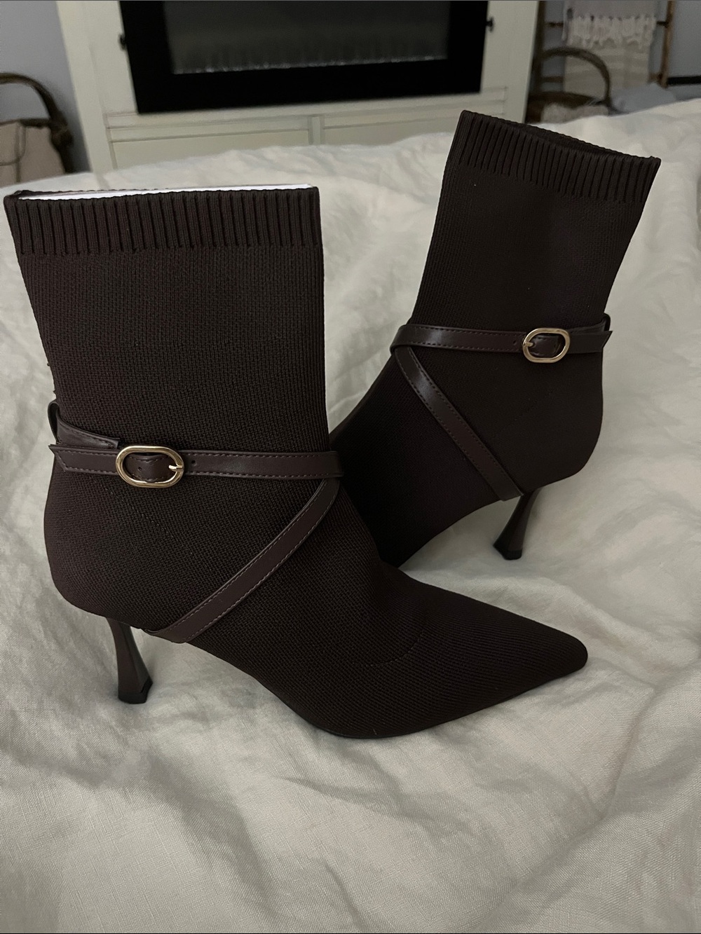 Cosy Island Women's Dark Brown Pointed Sock Booties with Strap and Buckle